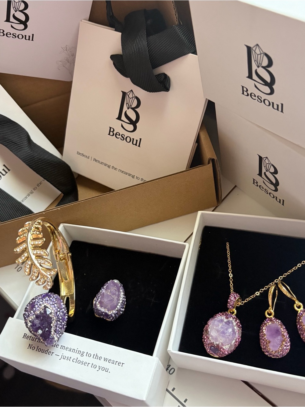 BESOUL Natural crystal Purple Amethyst Necklace, Bangle, Earrings & Ring Set